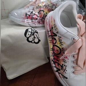 Alexander McQueen White Sneakers with Pink and Black Graffiti